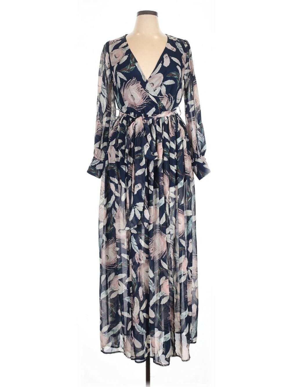 Fashion Nova Navy Floral Wrap Maxi Dress with Blush Blooms
